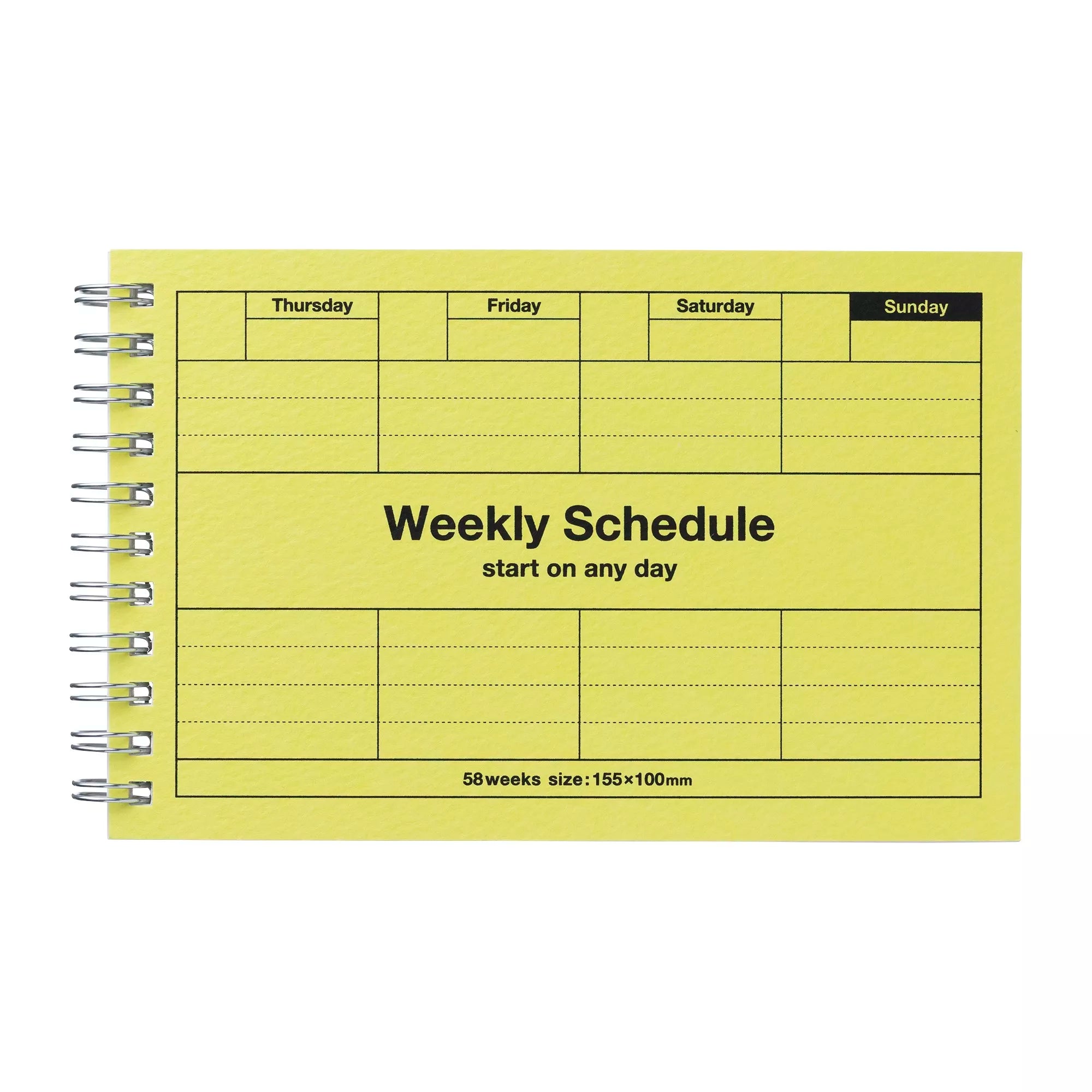 Yellow weekly schedule planner with grid layout on a white background