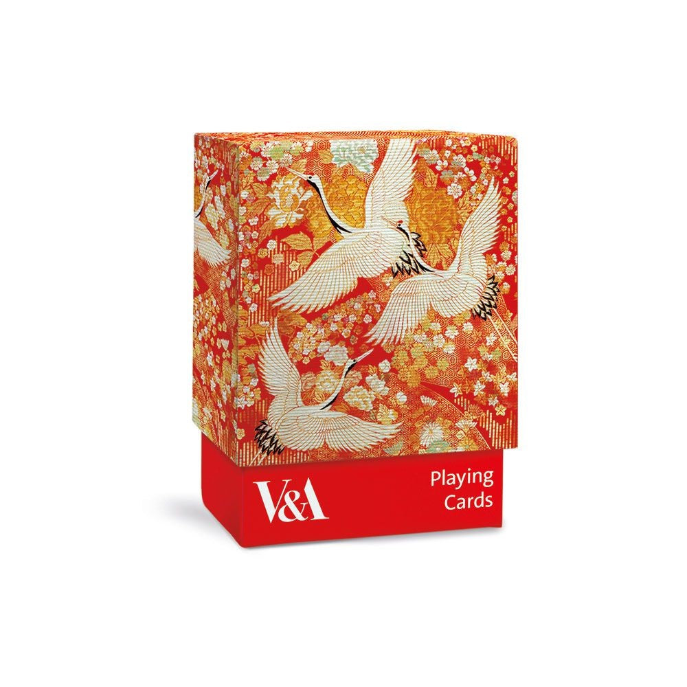 Box packaging for playing cards set, featuring orange and red Japanese cranes artwork.