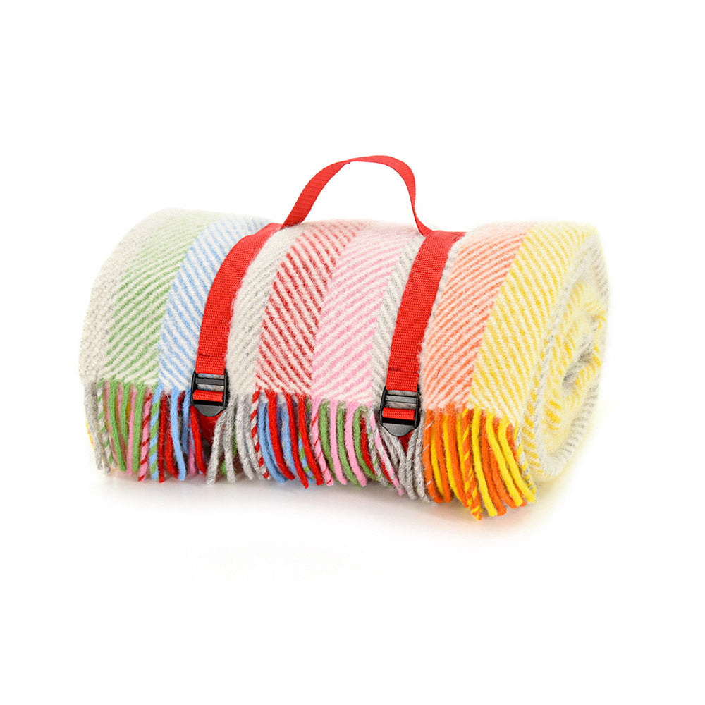 Colourful plaid pinic blanket with a red strap on a white background