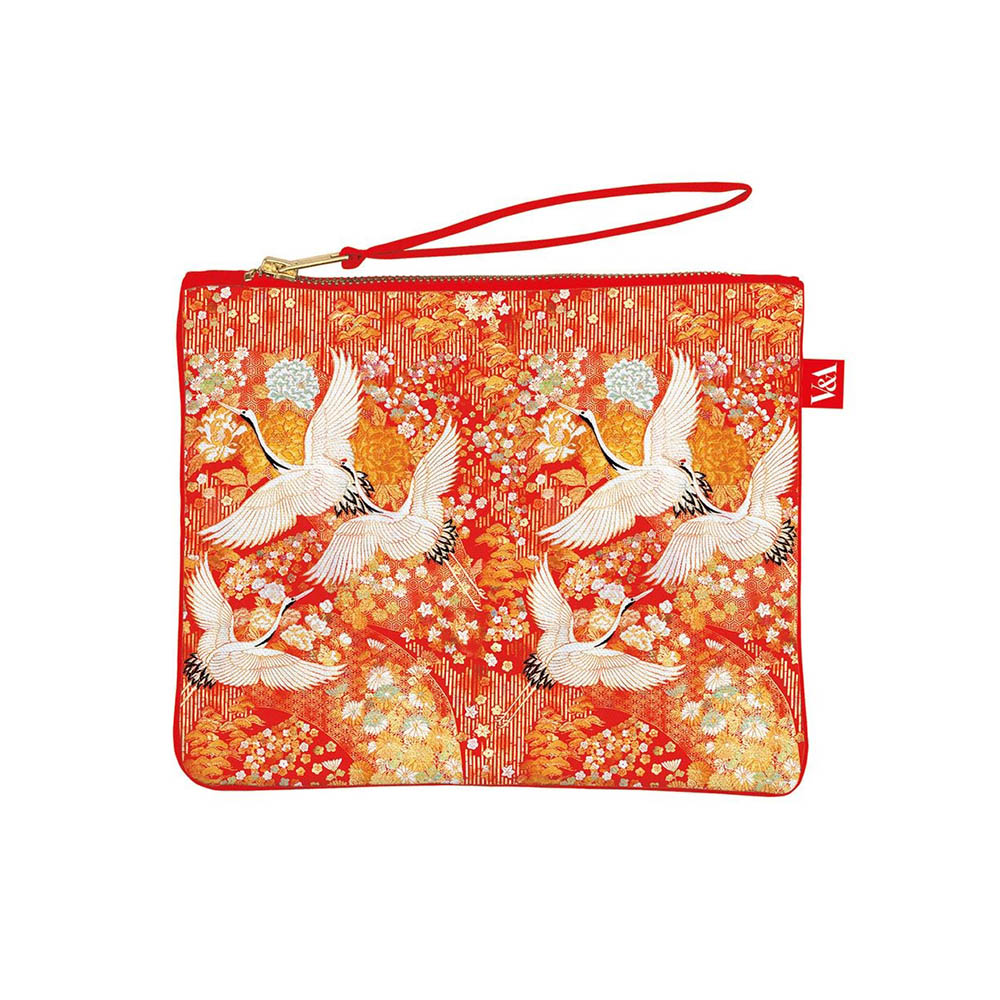 Zip pouch featuring orange and red Japanese Cranes artwork.