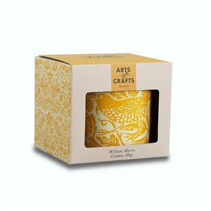Yellow ceramic mug with floral design in a 'William Morris' pattern, housed in a decorative box with 'Arts & Crafts Society' branding.