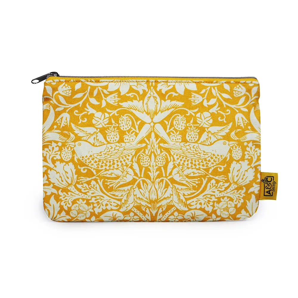 Yellow pouch with white floral and bird pattern on a white background