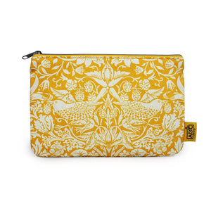Yellow pouch with white floral and bird pattern on a white background
