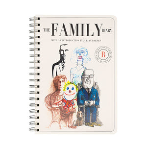 Front cover of a wirobound diary. The front cover is an illustration of 5 people. Photographed against white background.