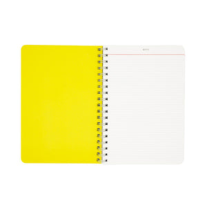 Inside pages of a wirobound diary. The left page is plain bright yellow, the right is a notes page.