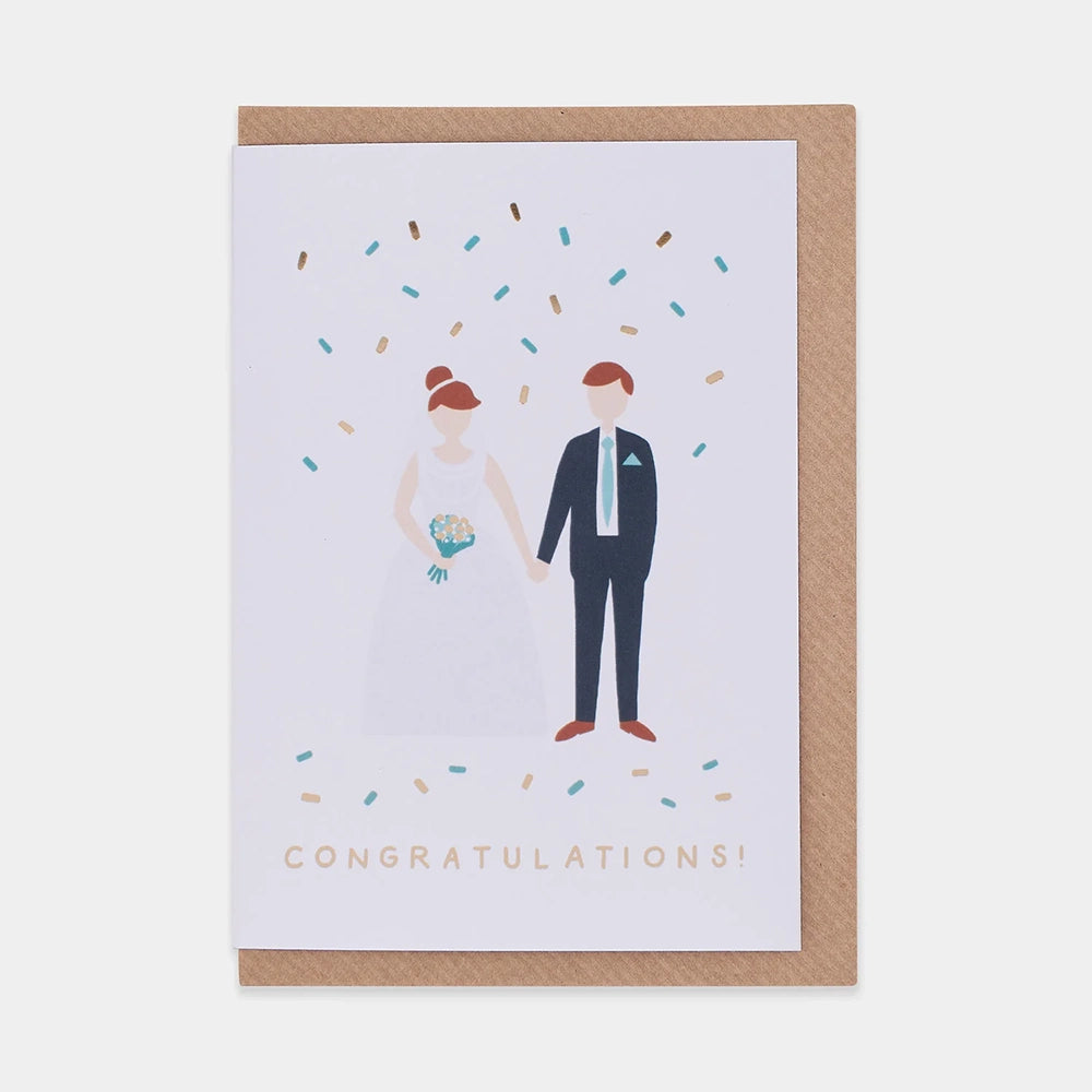 Greetings card with an illustration of a couple on their wedding day