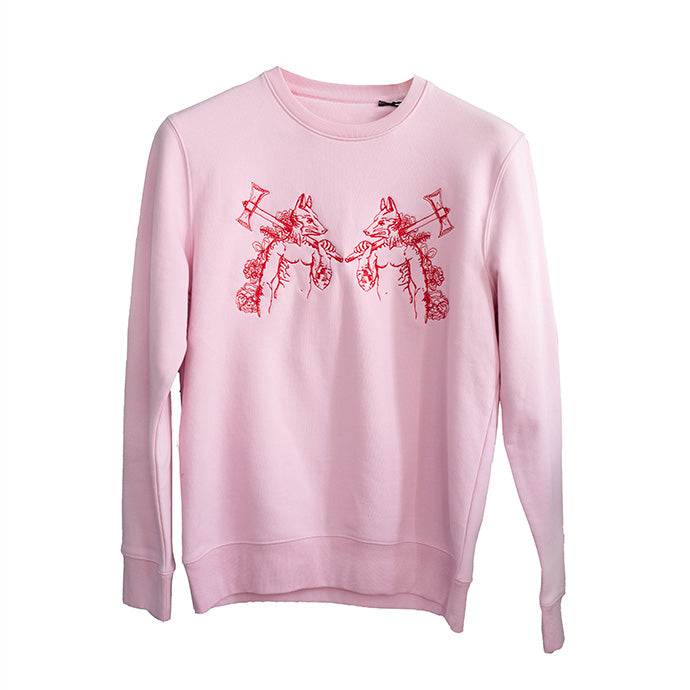 Pink jumper with werewolves embroidered on the chest