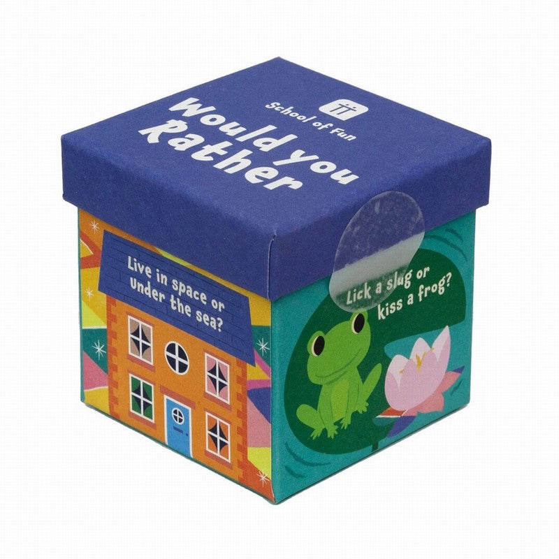 Box for a Would You Rather kids game, with various illustrations on it including a frog, a lily, and a house.