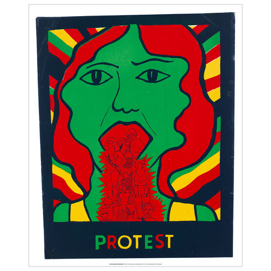 Poster with a red, green and blue illustration of a person. The word PROTEST underneath.