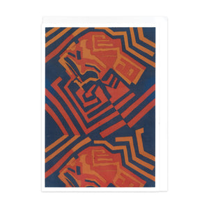 Greetings card featuring navy and orange geometric design by Shirley Craven, with a white envelope