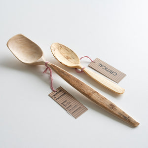 Two wooden spoons with tags on a light background