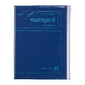 Blue A5 notebook with clear cover on a white background