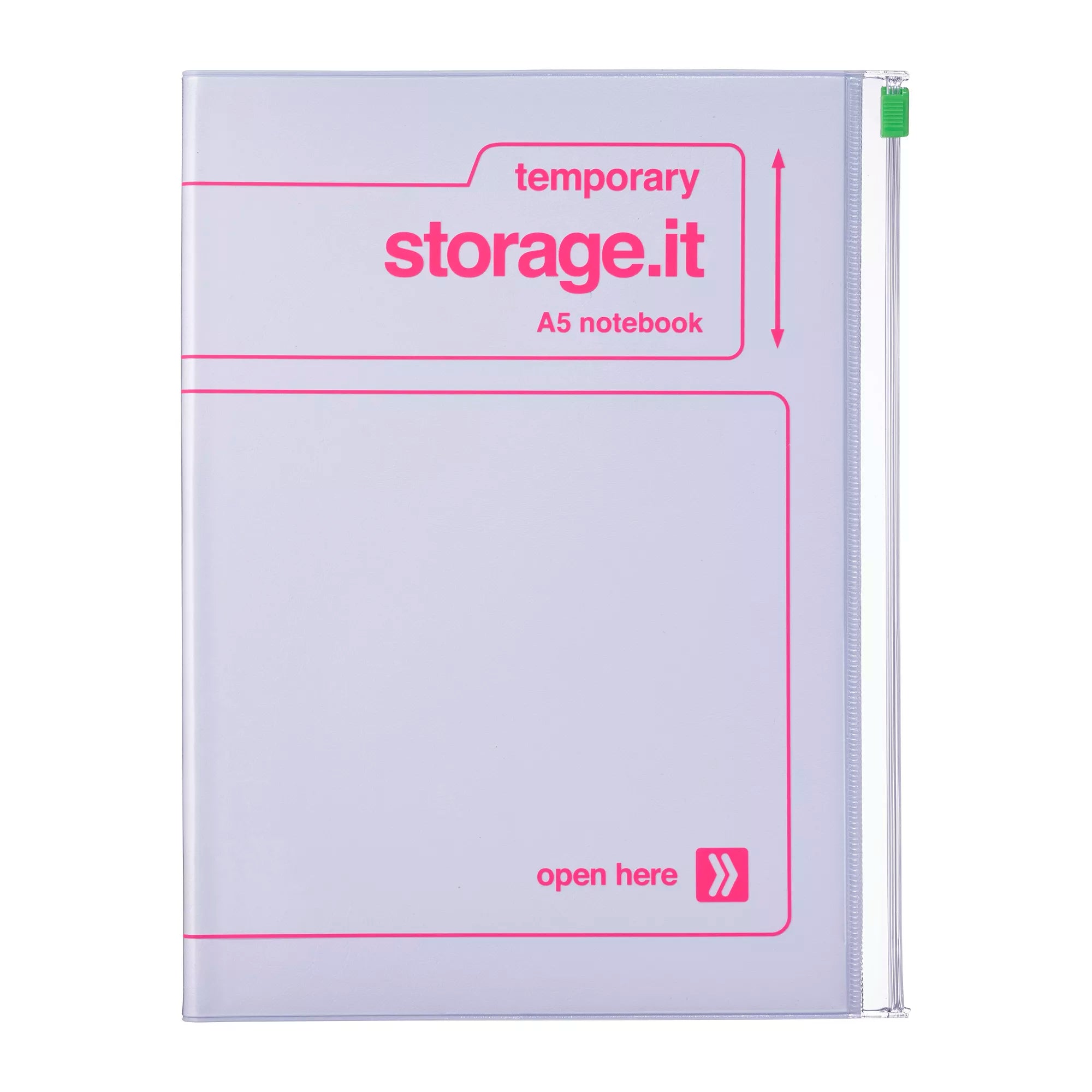 A5 notebook labeled 'temporary storage.it' with a green tab on a white background