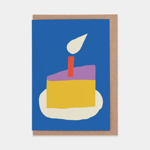 This is a birthday card with a colourful drawing of a slice of cake with a candle on top.