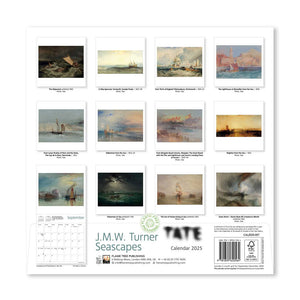 J.M.W. Turner Seascapes Wall Calendar 2025. The image features a full view of the calendar, showcasing twelve different seascape paintings by J.M.W. Turner. The calendar includes a monthly grid for September 2024 to December 2025 and information about the artist and the publisher.