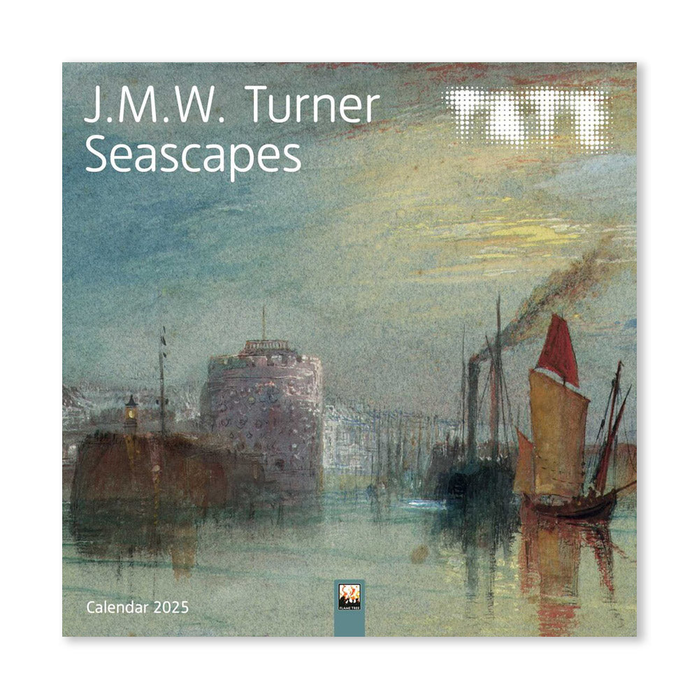 J.M.W. Turner Seascapes Wall Calendar 2025. The image features a beautiful seascape painting by J.M.W. Turner, depicting a harbour scene with ships, a lighthouse, and a fortified structure. The calendar is from the Tate museum.