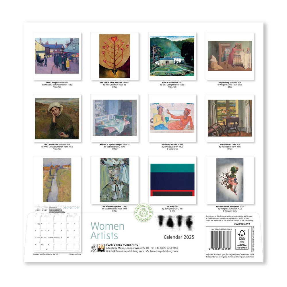 Women Artists Wall Calendar 2025. The image features a full view of the calendar, showcasing twelve different paintings by female artists from the Tate collection. The calendar includes a monthly grid for September 2024 to December 2025 and information about the artists and the publisher.