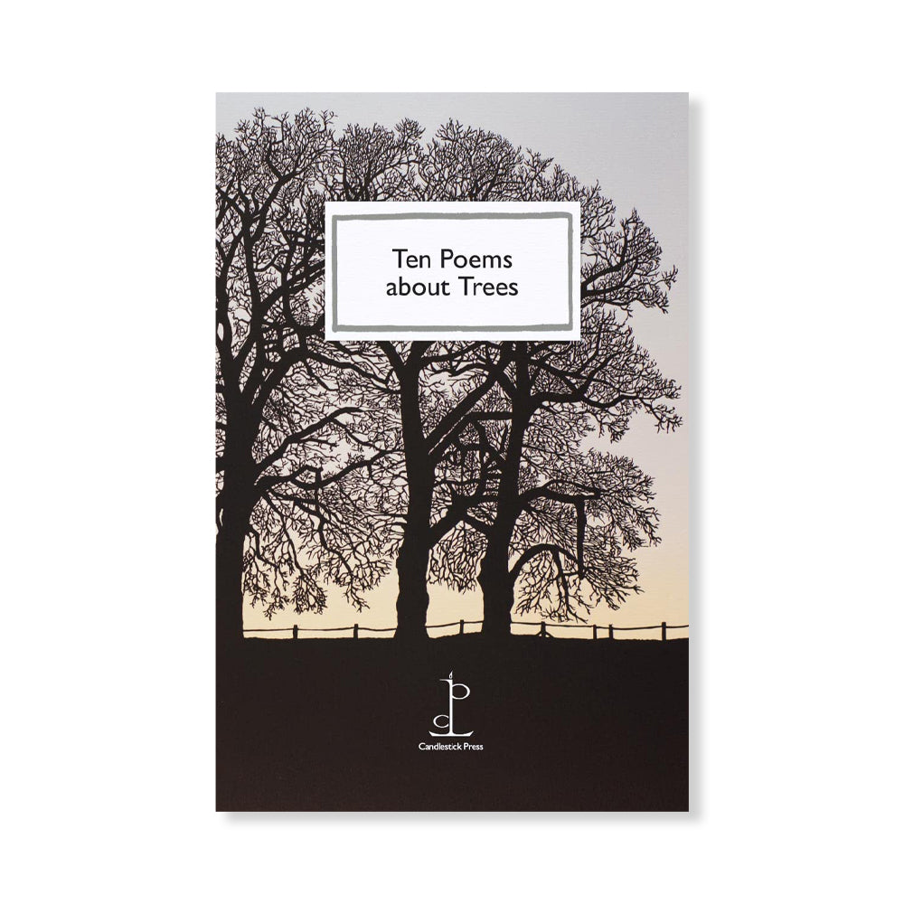 Book cover with tree silhouettes and 'Ten Poems about Trees' text on a gradient background