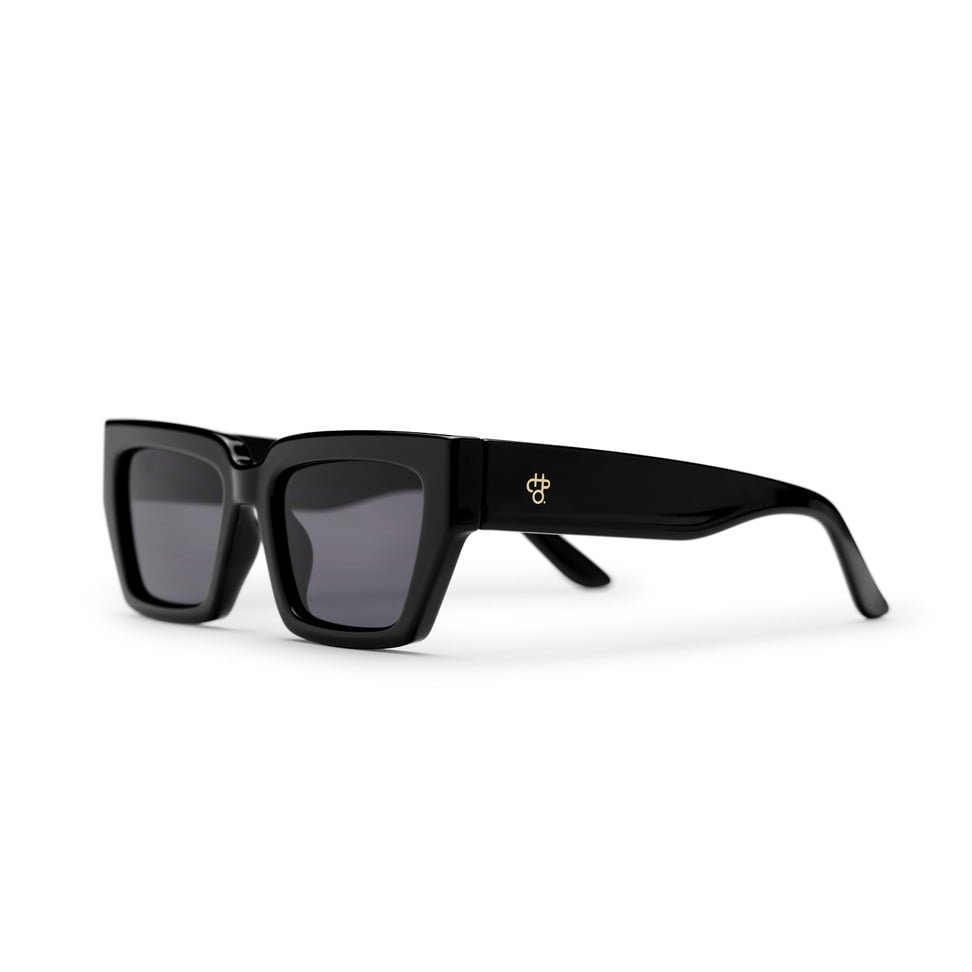 Black sunglasses with a logo on a white background