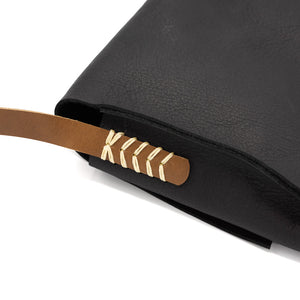 Detail of black leather bag of angular stitch detail on the brown strap.