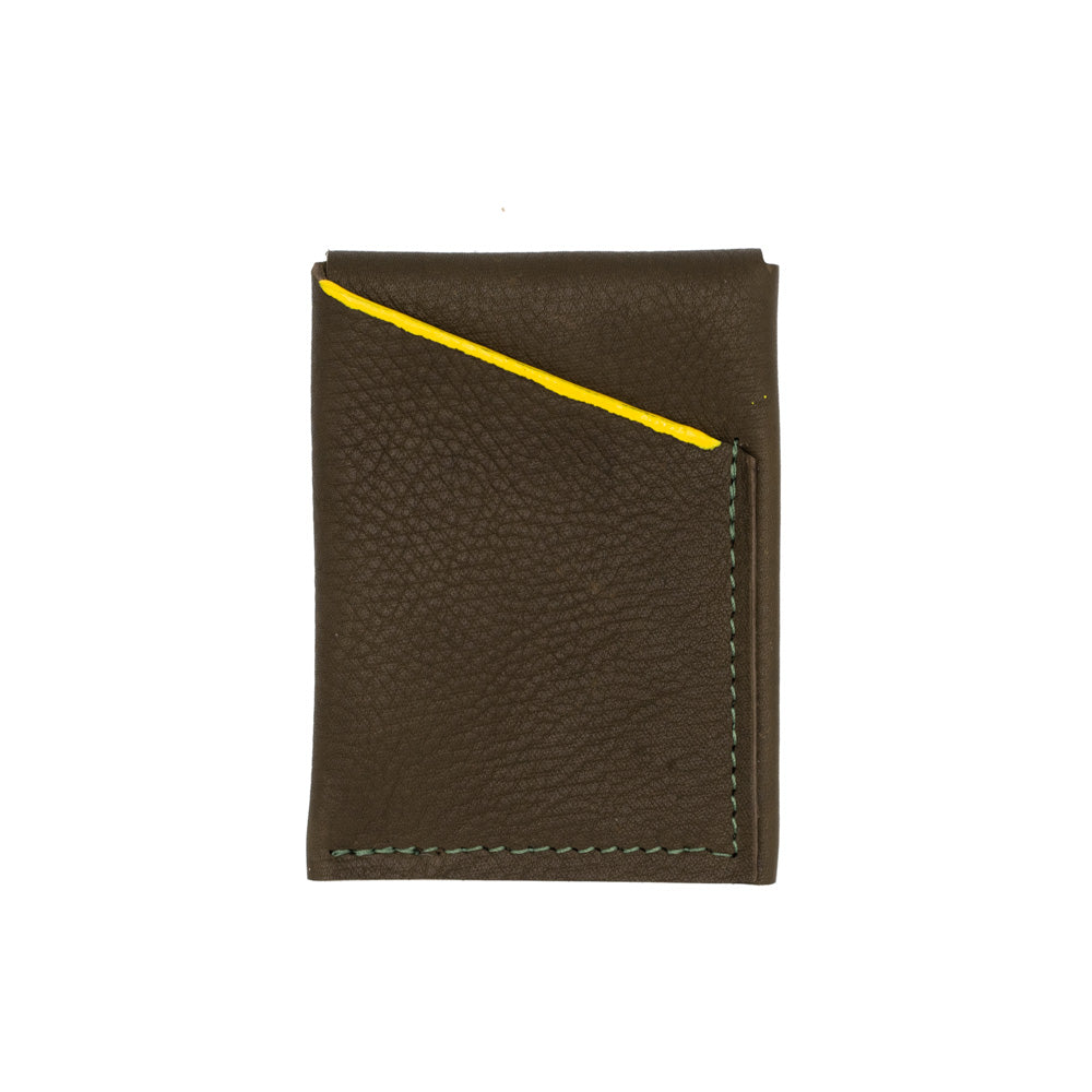 Brown rectangular leather wallet with yellow line detail. Photographed in front of white background.