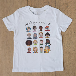 T shirt with some illustrations of children with the words "I love my face" reflected backwards.