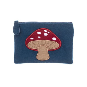 The image shows a small, rectangular felt purse with an embroidered red mushroom design.