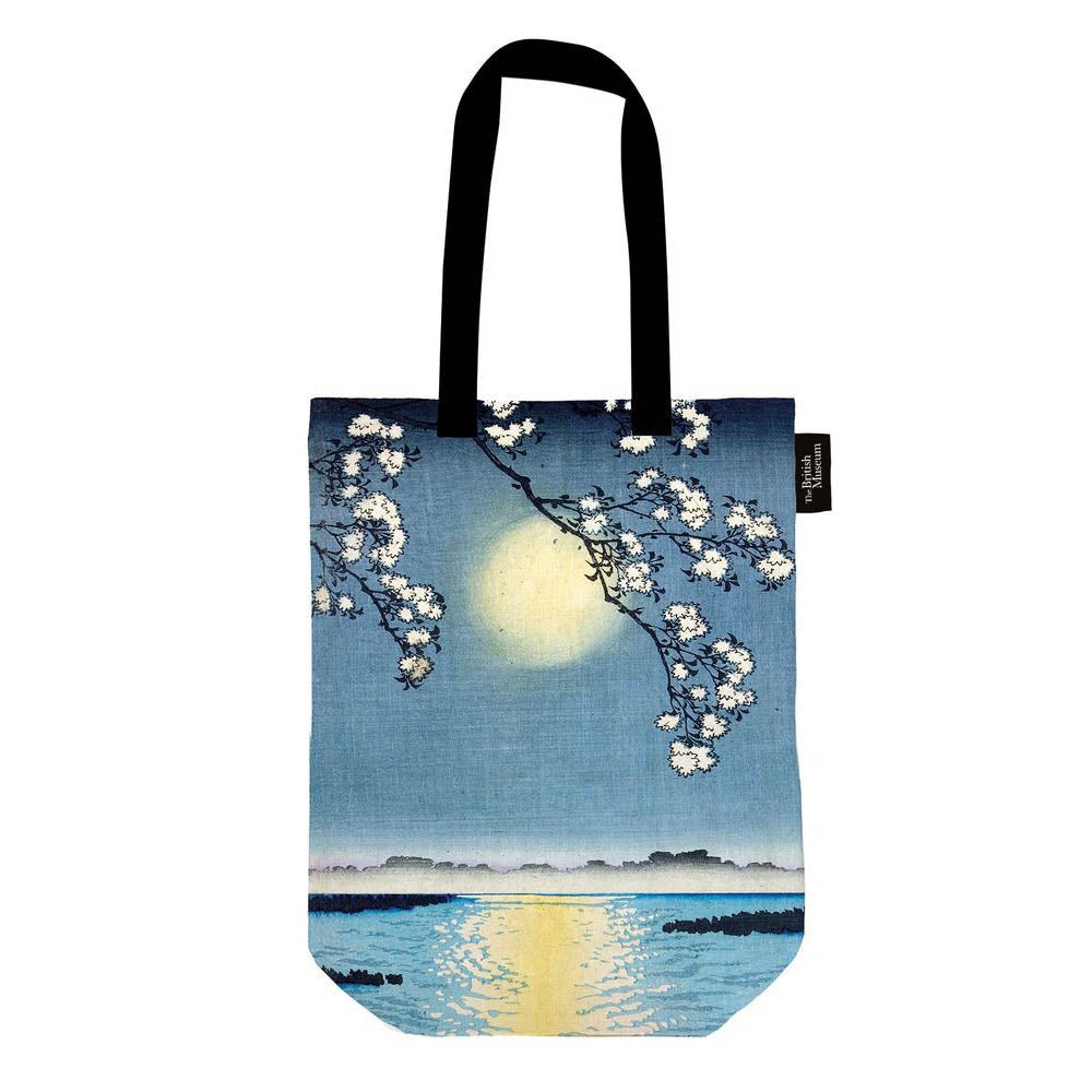 Tote bag featuring beautiful Japanese river artwork. Black handle. Presented on a white background.