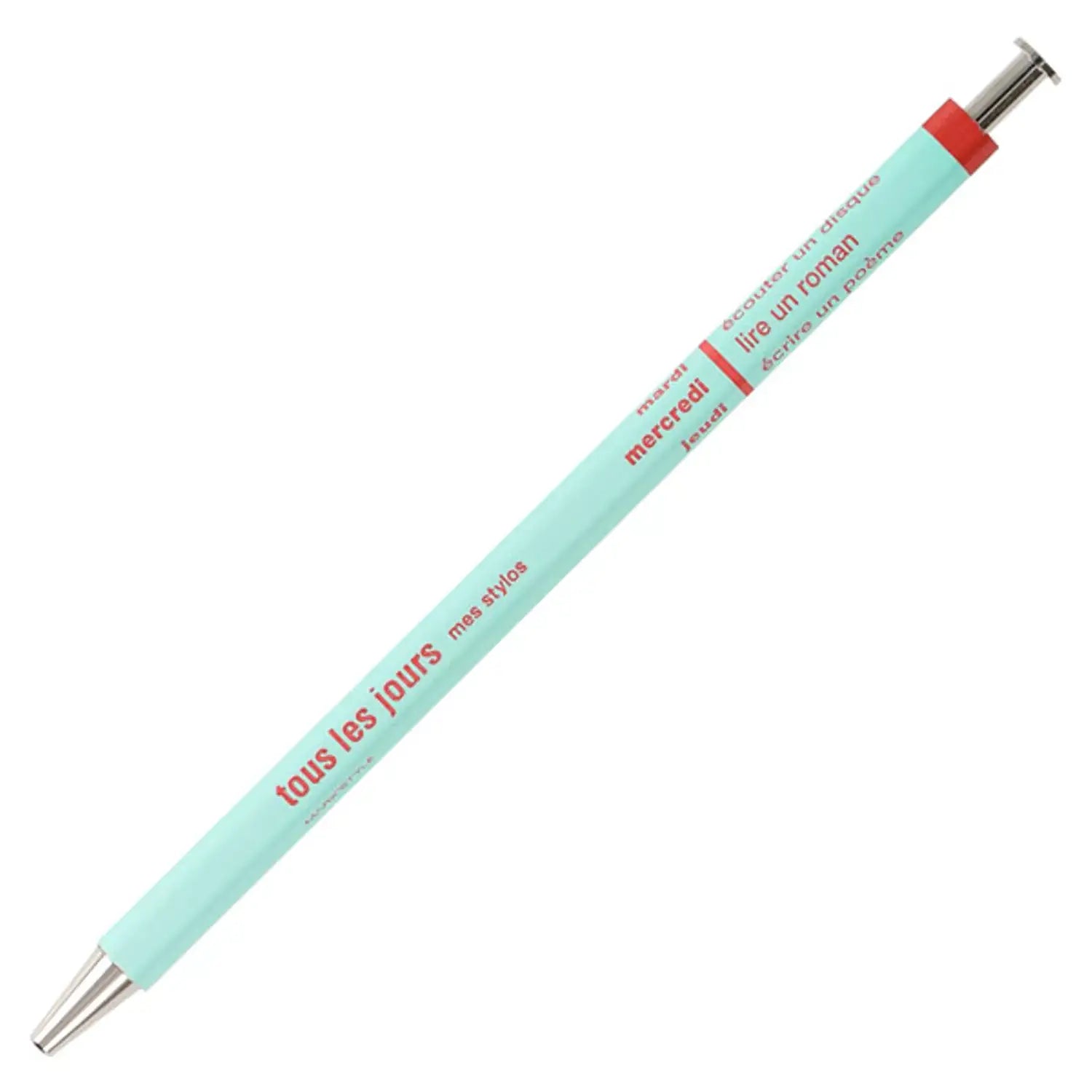 A baby blue ballpoint pen with a red cap. The pen has French text printed on it.