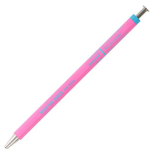 A pink ballpoint pen with a blue cap. The pen has French text printed on it.