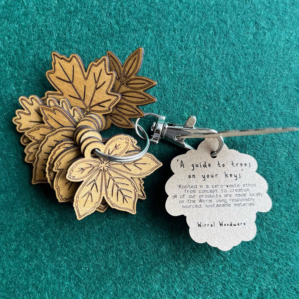 Leaf-shaped keychain with a tag on a teal background