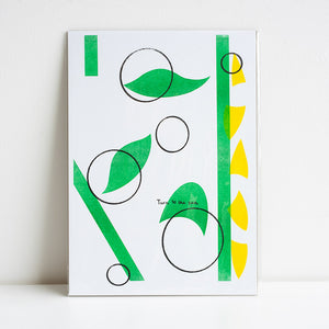 Abstract art print with green, yellow, and black shapes on a white background