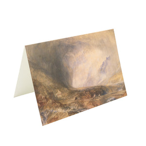 Greetings card against white background. It features a lanscape watercolour painting by Turner