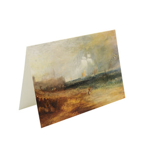 Greetings card against white background. It features a seascape watercolour painting by Turner