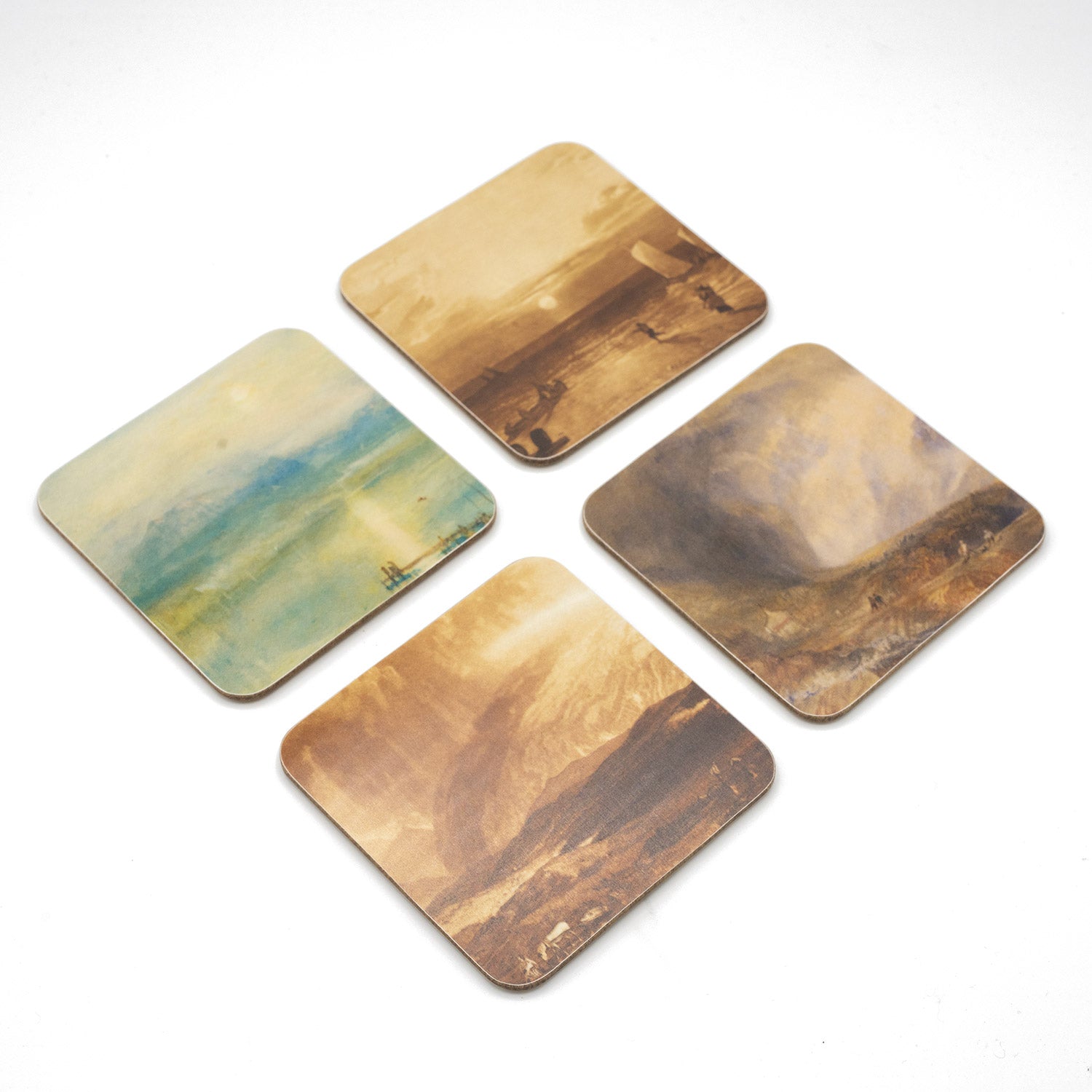 Four coasters each featuring a different Turner artwork. Presented on a white background.