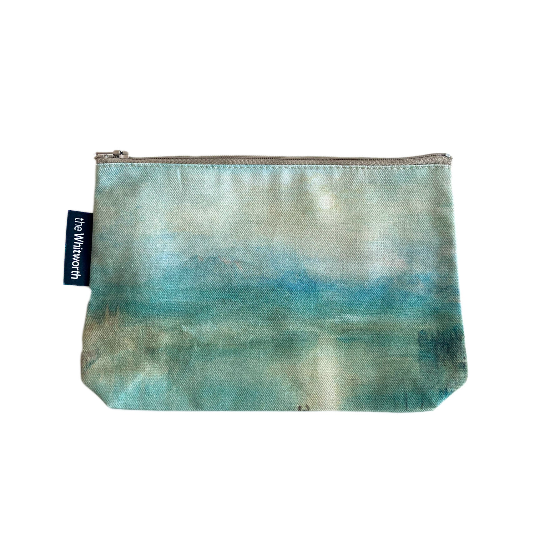 A cosmetics bag in front of a white background. The bag has a reproduction of Moonlight on Lake Lucerne by William Turner.