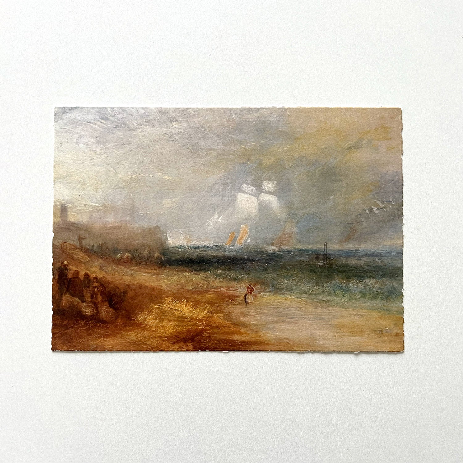 Print with torn edges depicting J.M.W Turner seascape painting.