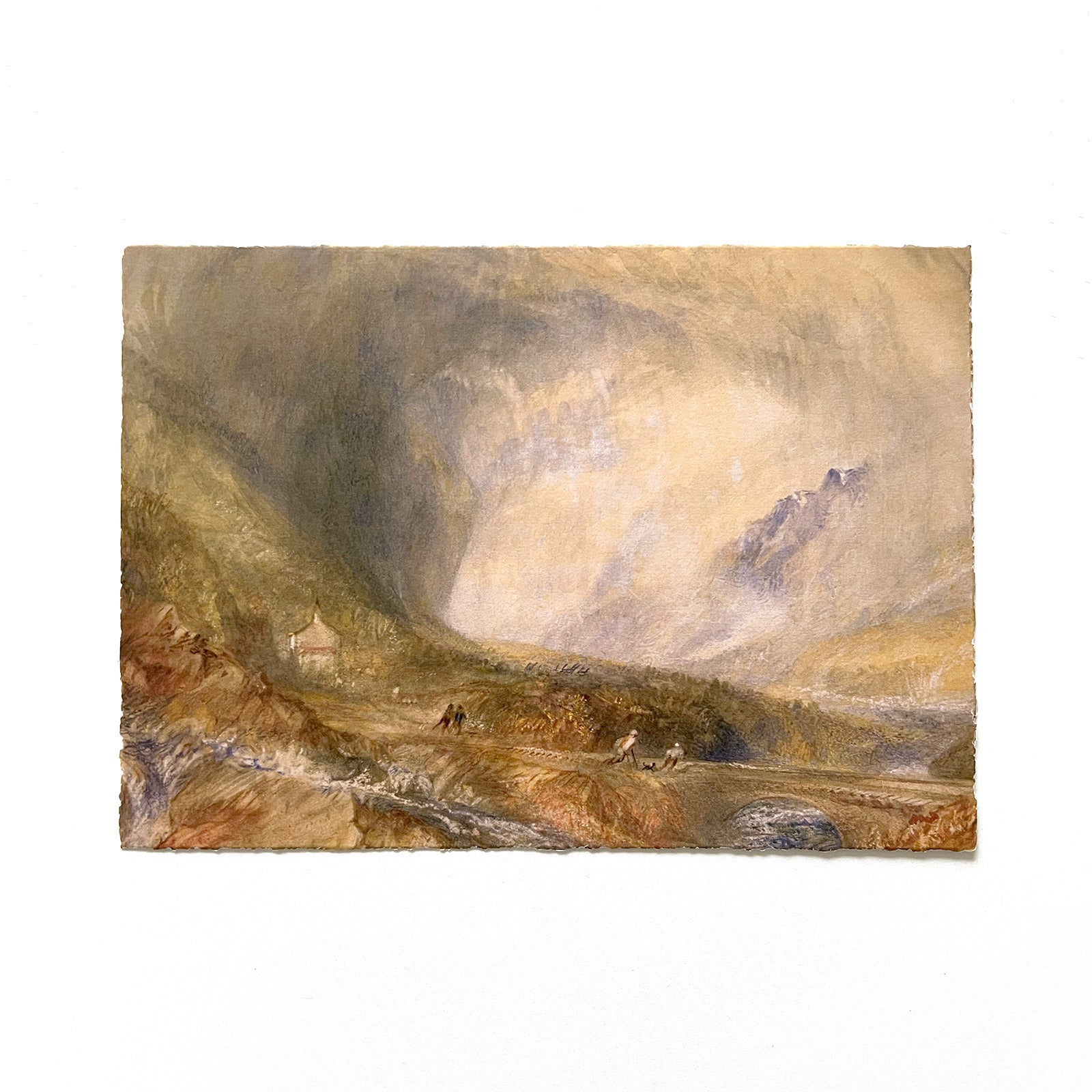 Print with torn edges depicting J.M.W Turner landscape painting of a storm.