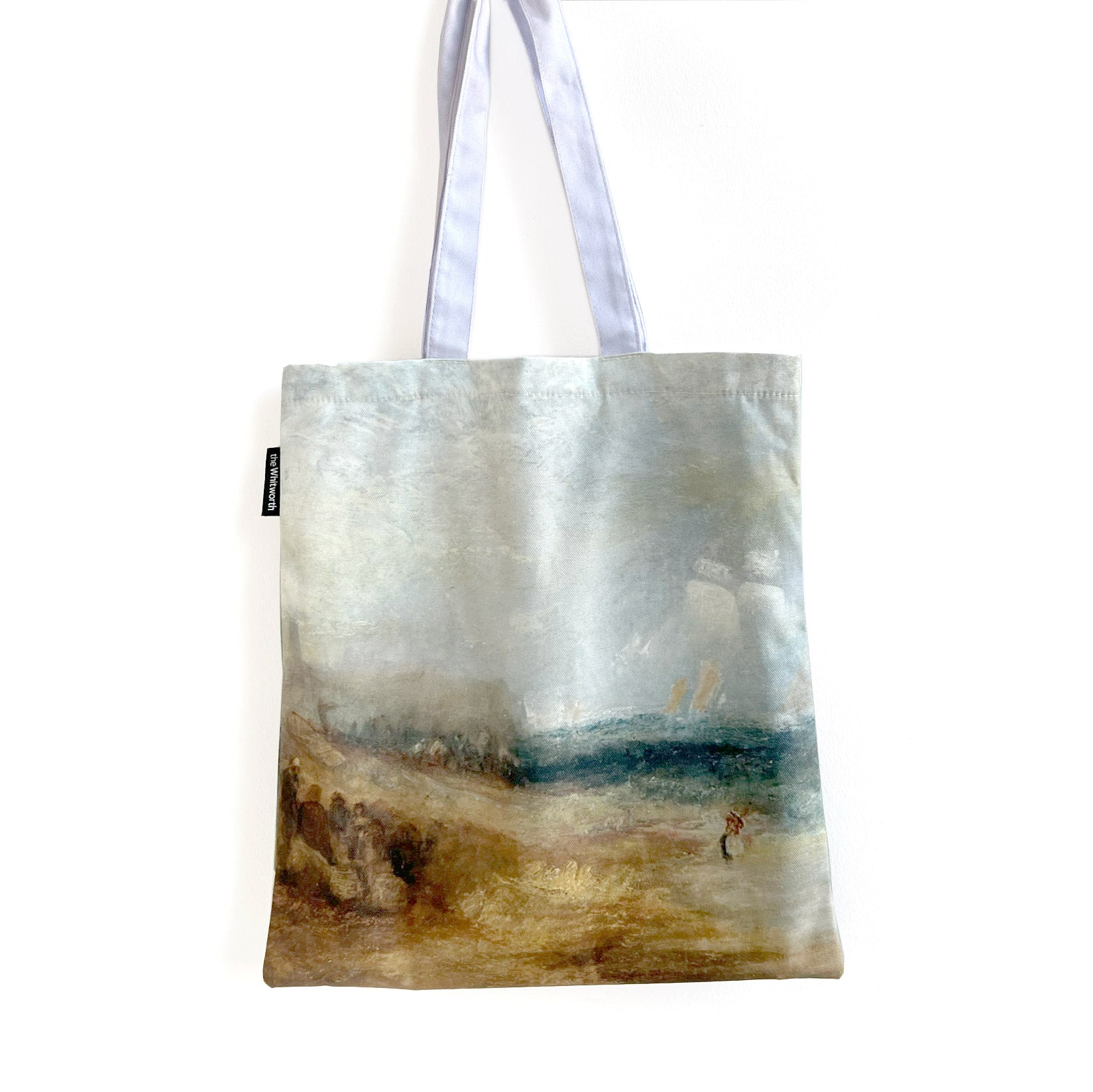 Tote bag featuring JMW Turner's painting titled Off Margate Pier in front a white background.