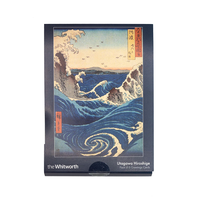 Front cover of a greetings card pack. Featuring Hiroshige's japanese woodcut print of a Whirlpool and sea. White background
