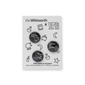 Set of three badges with different witchy slogans against a white background