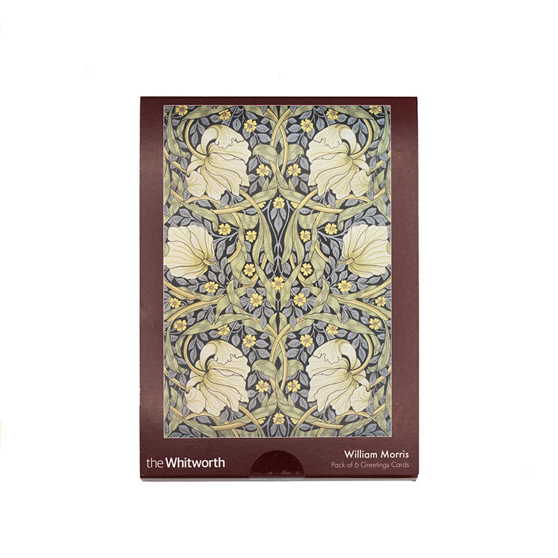 Front cover of a greetings card pack featuring William Morris's textile design. White background.
