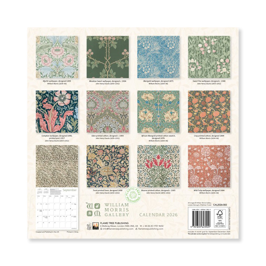 2026 calendar back cover featuring small versions of all the pages of William Morris designs