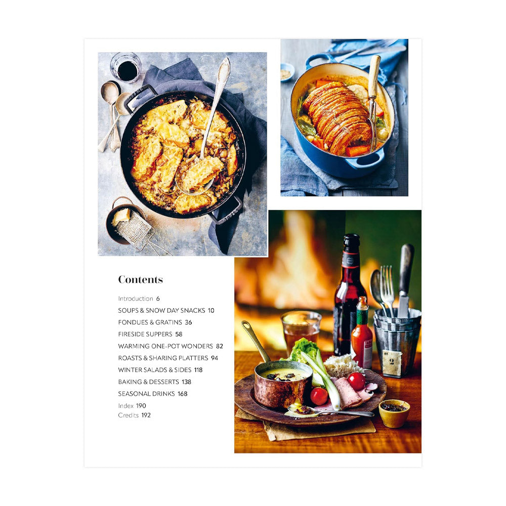A cookbook page showcasing a variety of winter dishes, including a hearty soup, a roasted meat dish, and a platter of charcuterie, with a table of contents listing different winter recipes.