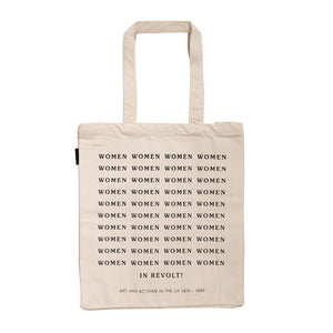 Reverse of cream tote bag with the word 'women' repeated 40 times