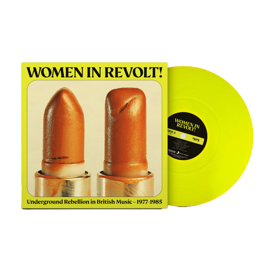 Vinyl and its sleeve. Vinyl sleeve has a yellow background with WOMEN IN REVOLT! text above. Central is a close up vintage photograph of red lipstick. The vinyl itself is also bright yellow.