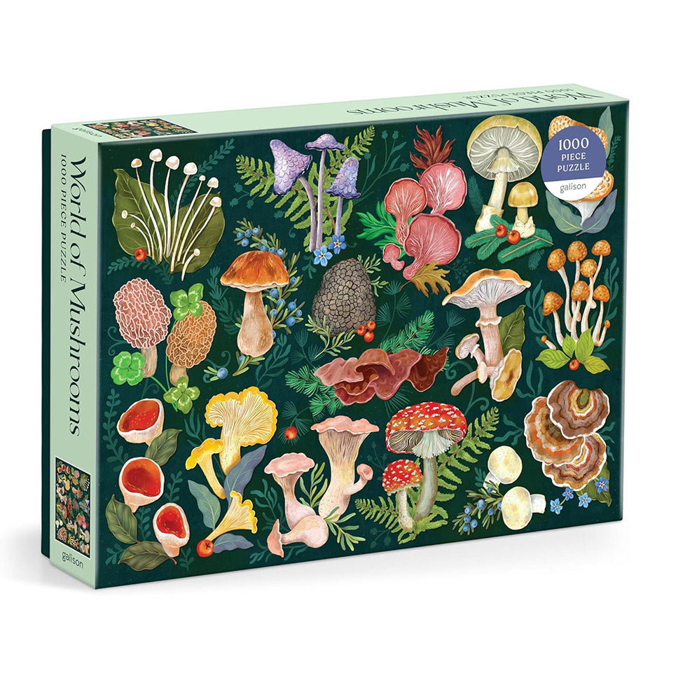 The box for a 1000-piece jigsaw puzzle called featuring a colourful illustration of various mushrooms, plants, and berries on a dark green background. 