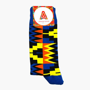 Vibrant blue, yellow and orange socks with geometric pattern photographed against white background.