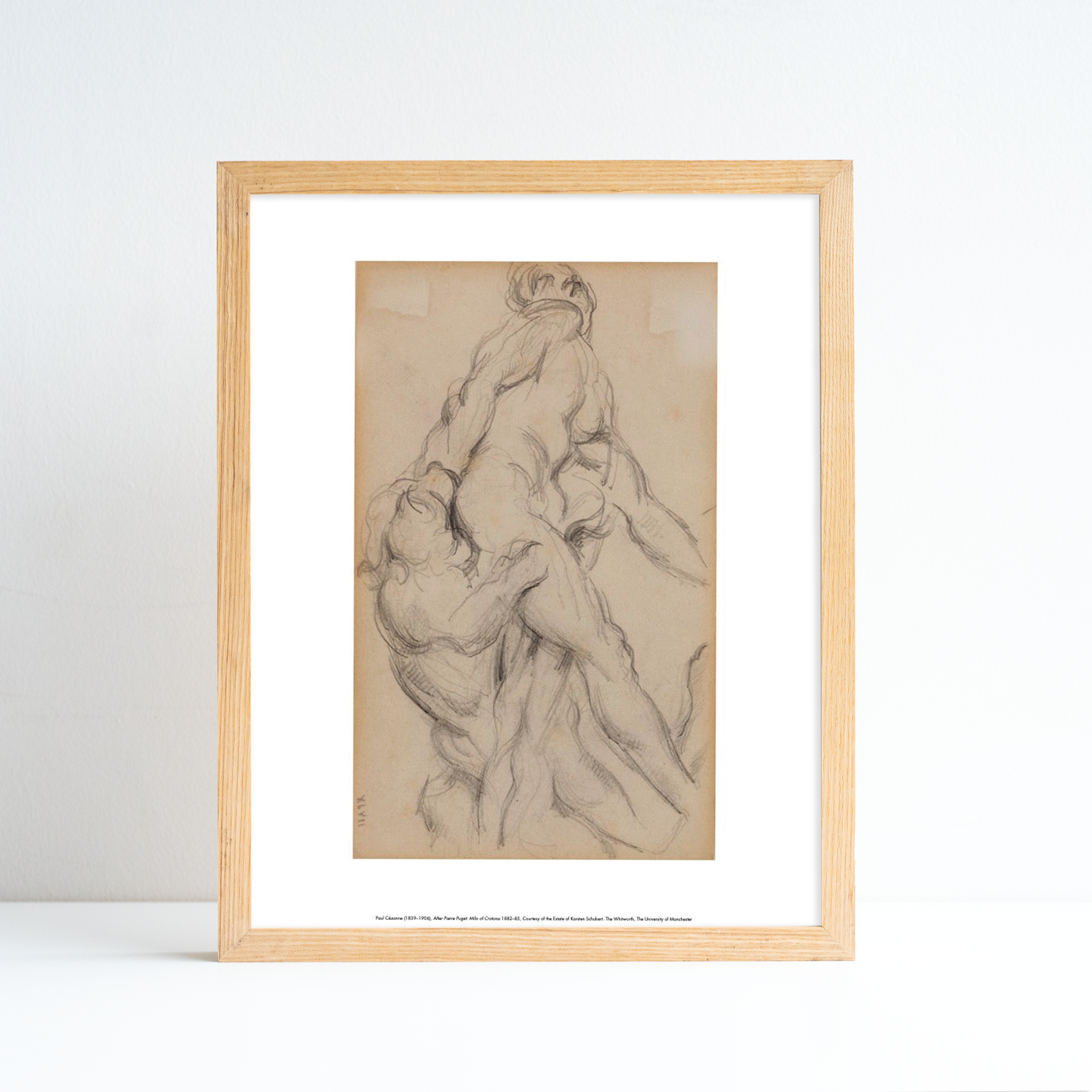 Reproduction of After Pierre Puget by Paul Cezanne in an ash frame against a white background. A drawing featuring nude figures