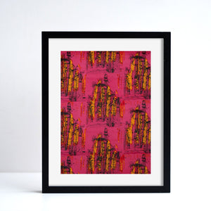 Framed Reproduction of Painted Desert textile design by Althea McNish. Pink yellow and orange design.